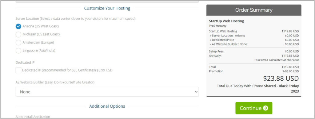 Select server location to claim A2 Hosting Black Friday 2023 discount