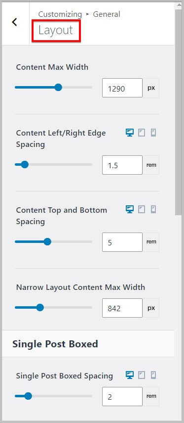 Layout Controls in Free Kadence Theme