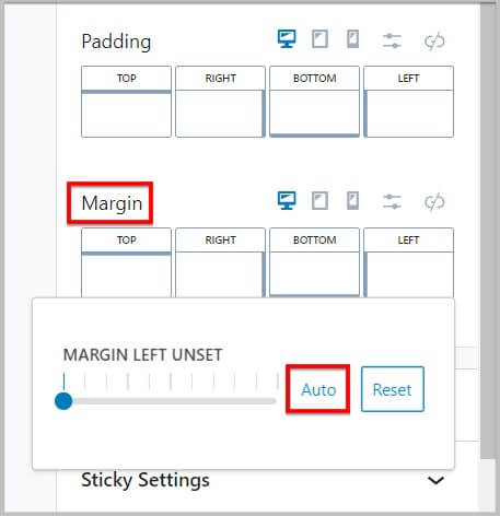 Auto option in Margin controls in Kadence Blocks 3.2