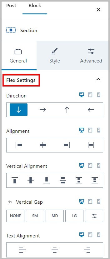 Flex Settings in Section block after Kadence Blocks 3.2