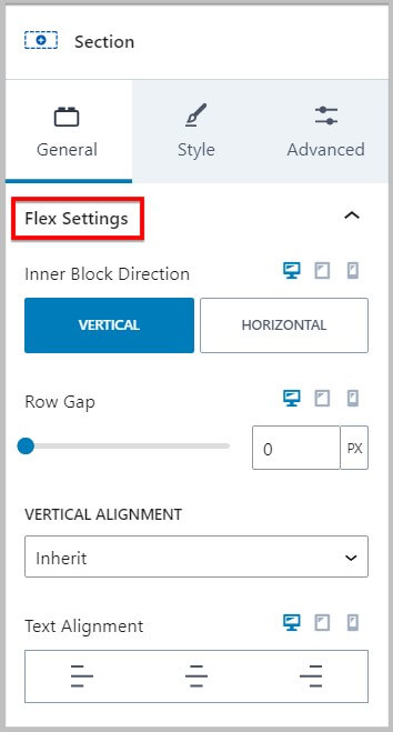 Flex Settings in Section block before Kadence Blocks 3.2
