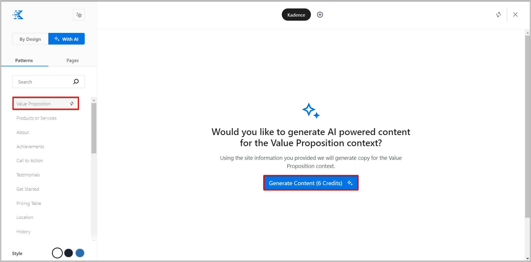 Option to generate a copy using AI in Design Library in Kadence Blocks 3.2