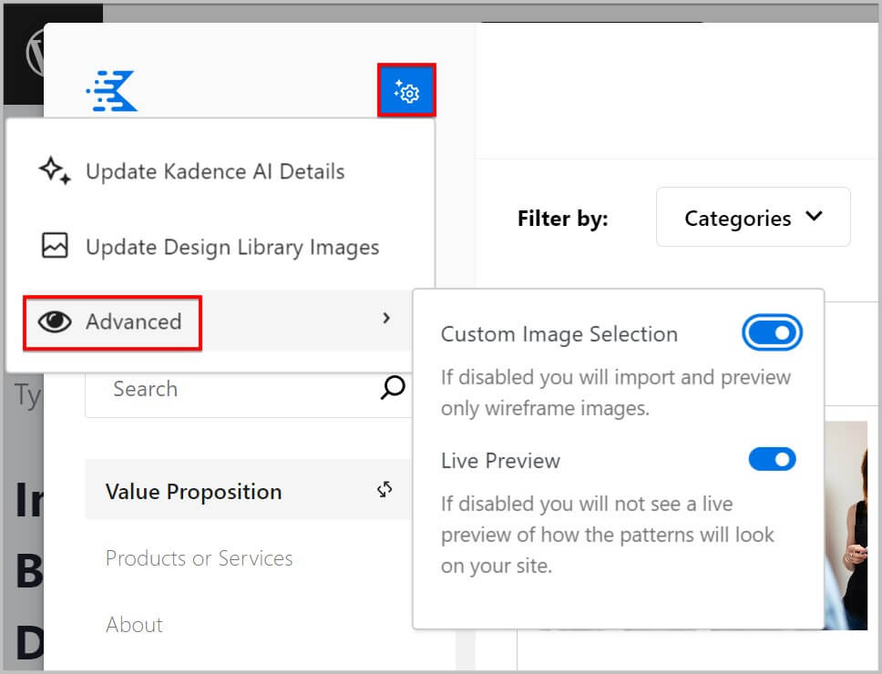 Options in AI Advanced settings in Design Library in Kadence Blocks 3.2