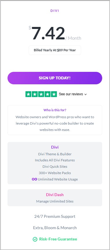 Elegant Themes Divi Yearly pricing