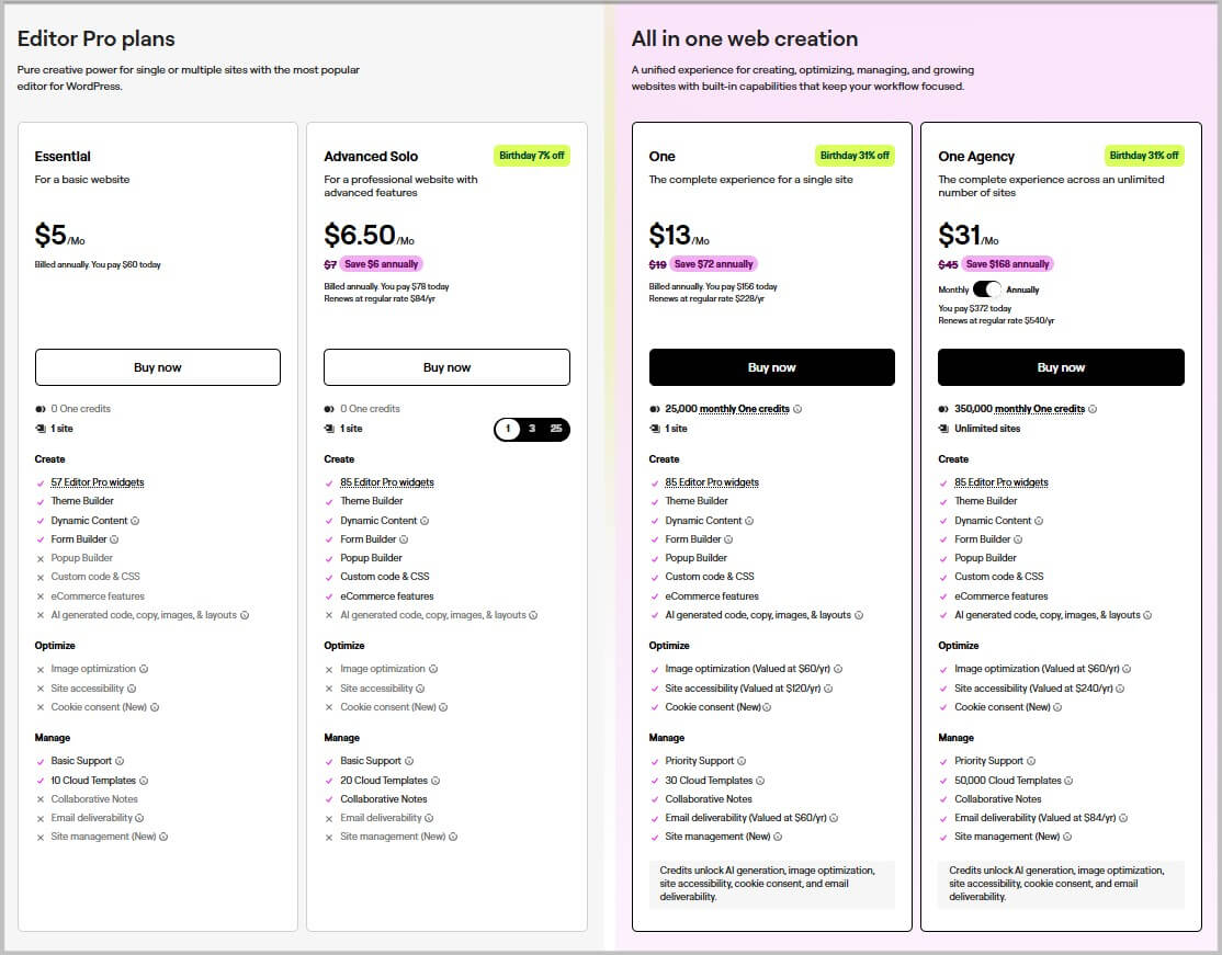 Elementor Birthday pricing and plans