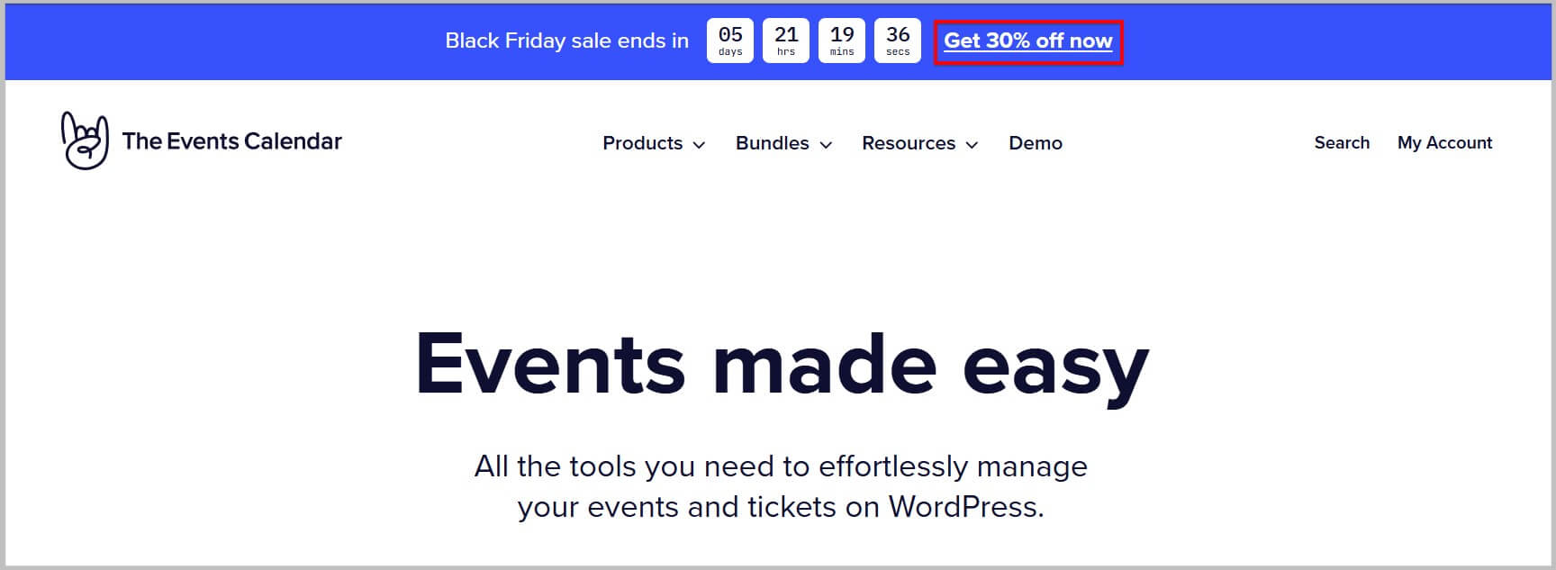 The Events Calendar homepage during Black Friday