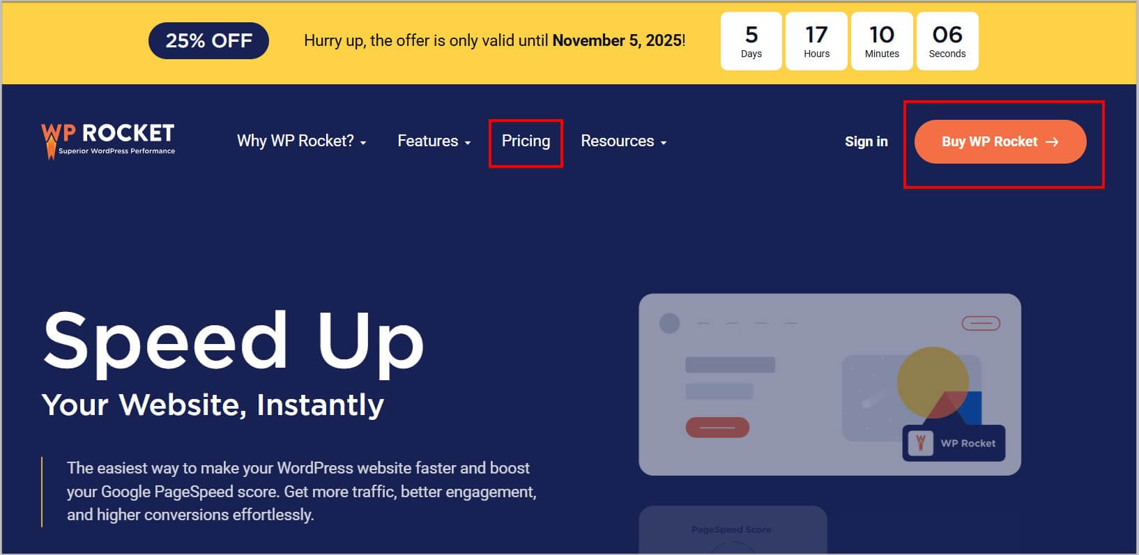 WP Rocket Halloween Sale 2025 - 25% Discount 4 WP Rocket homepage during Halloween sale