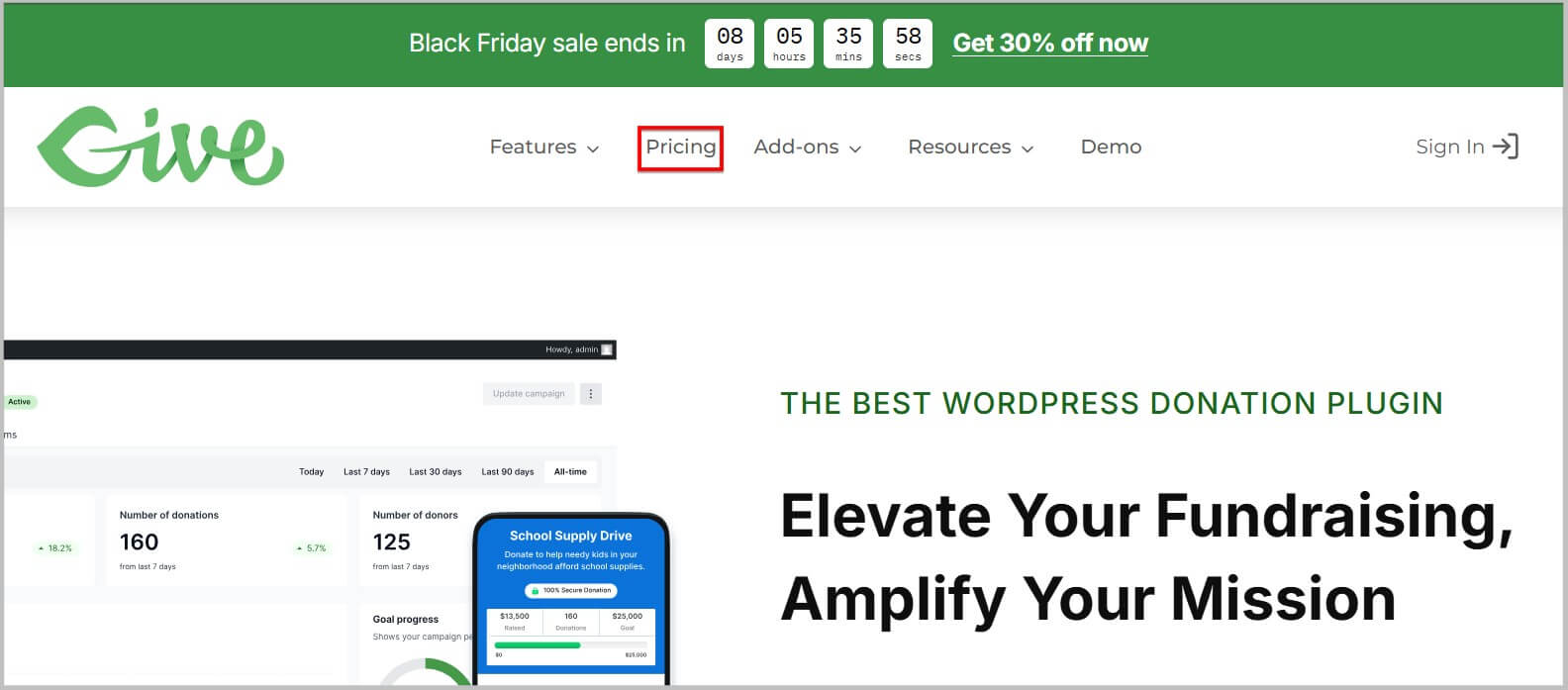 GiveWP homepage during Black Friday