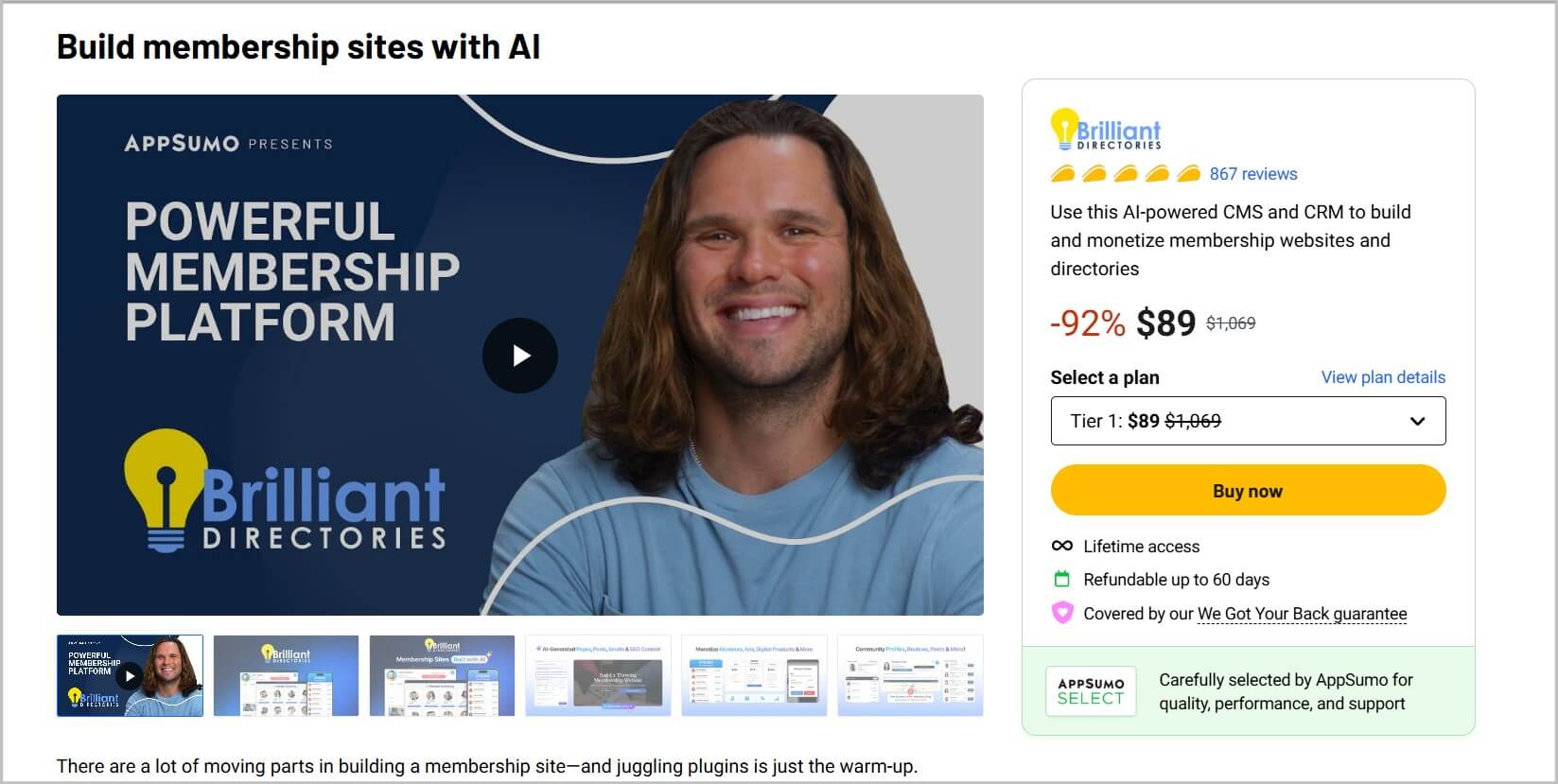 Brilliant Directories landing page on Appsumo