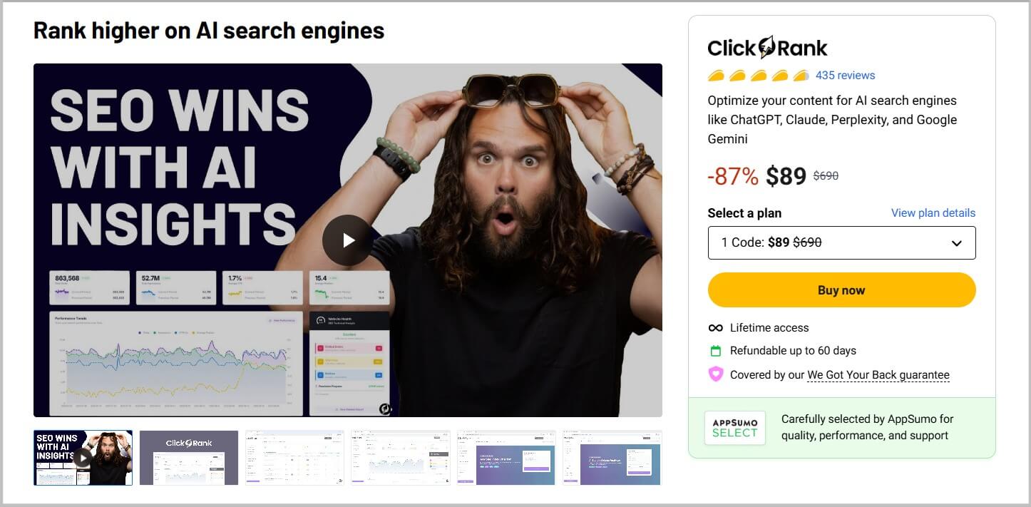 ClickRank Lifetime Deal 2025- 87% Discount 3 ClickRank lifetime landing page on Appsumo