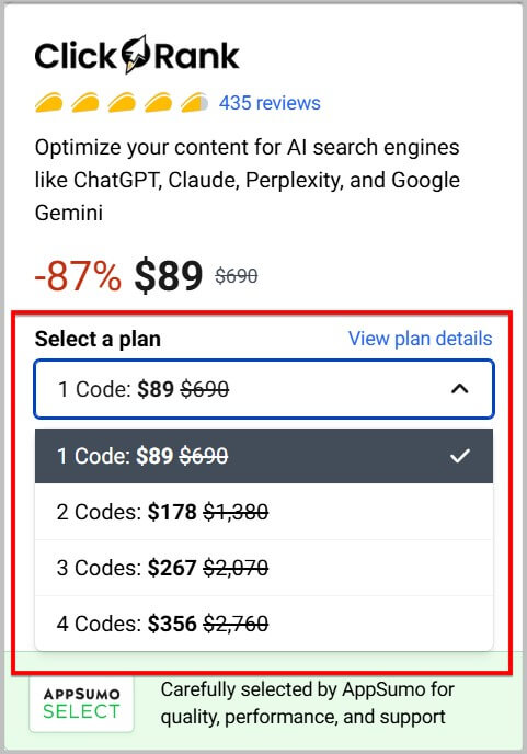 ClickRank Lifetime Deal 2025- 87% Discount 4 Select a ClickRank lifetime plan