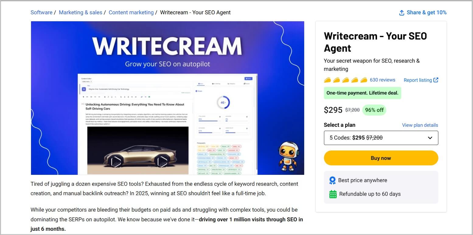 Writecream Lifetime Deal 2026- 96% Discount 3 Writecream lifetime landing page on Appsumo