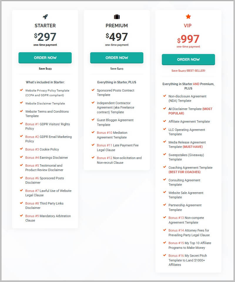 Pricing for legal bundles by Amira Law