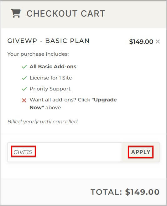 Add GiveWP coupon code at checkout