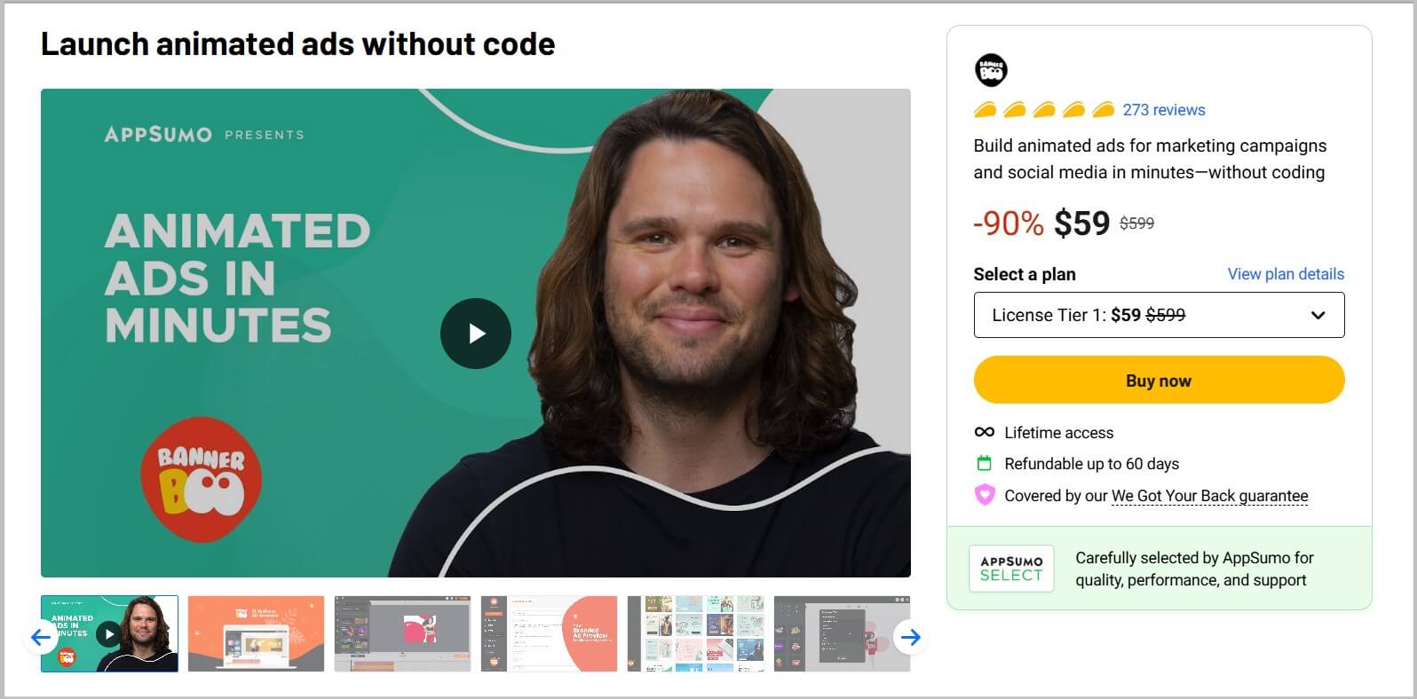 BannerBoo lifetime landing page on Appsumo