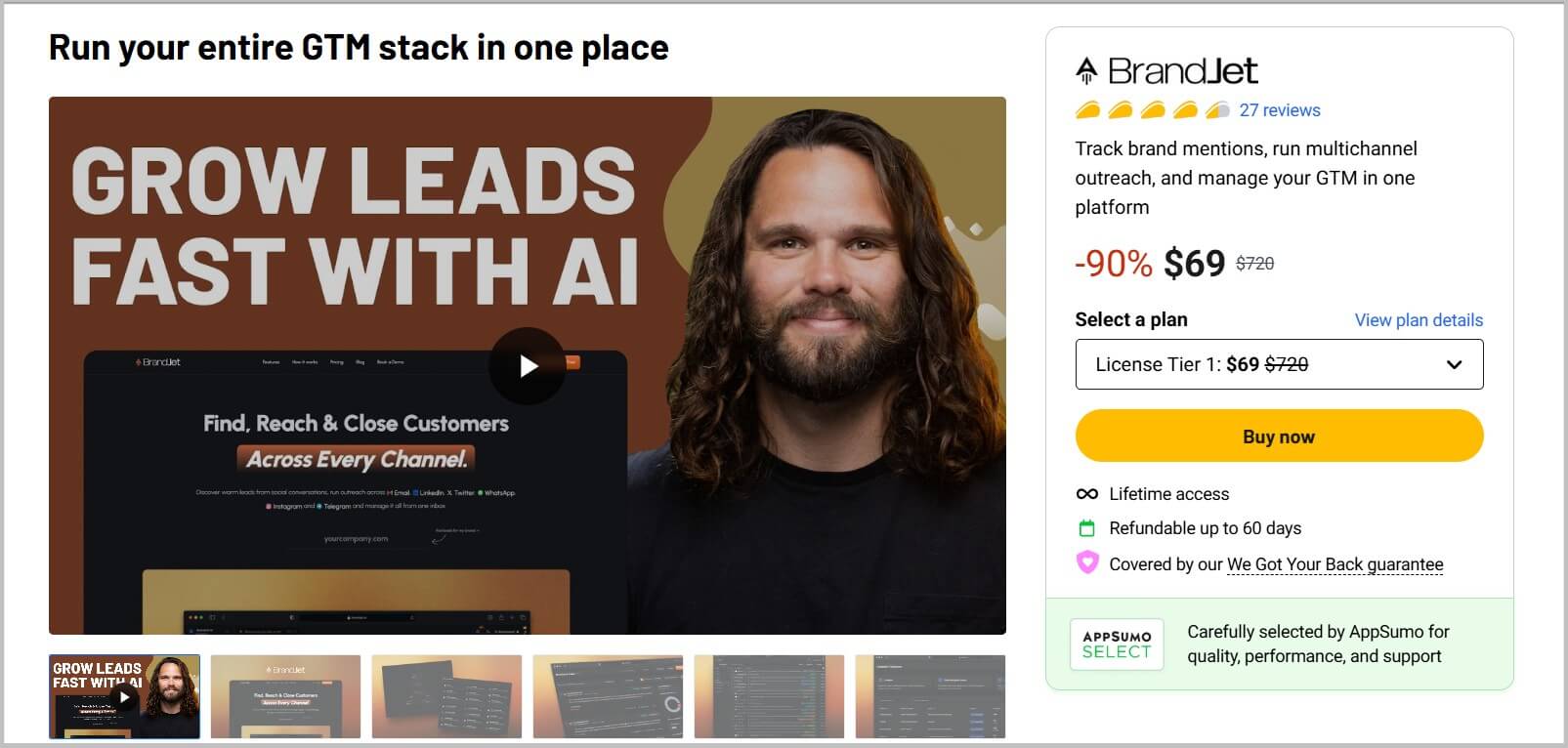 BrandJet lifetime landing page on Appsumo