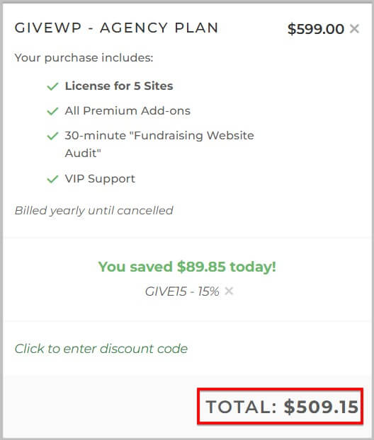 GiveWP Agency plan on discount