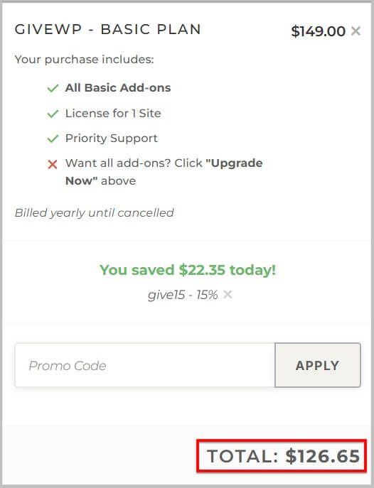 GiveWP Basic plan on discount