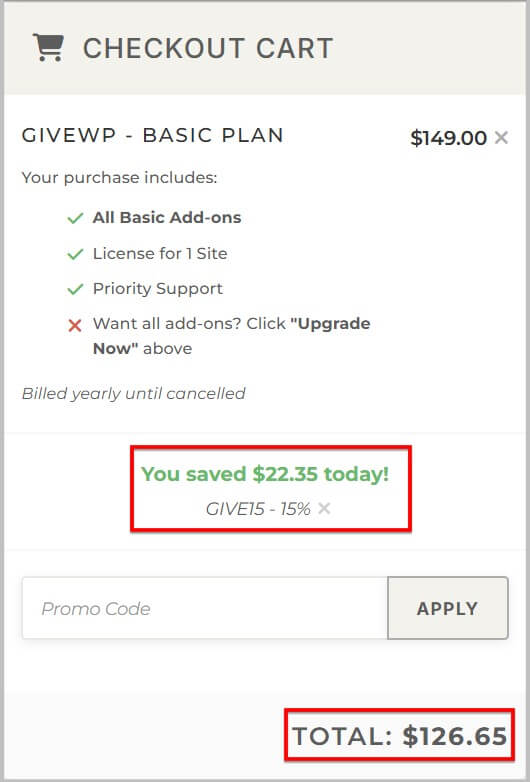 GiveWP discount code applied successfully