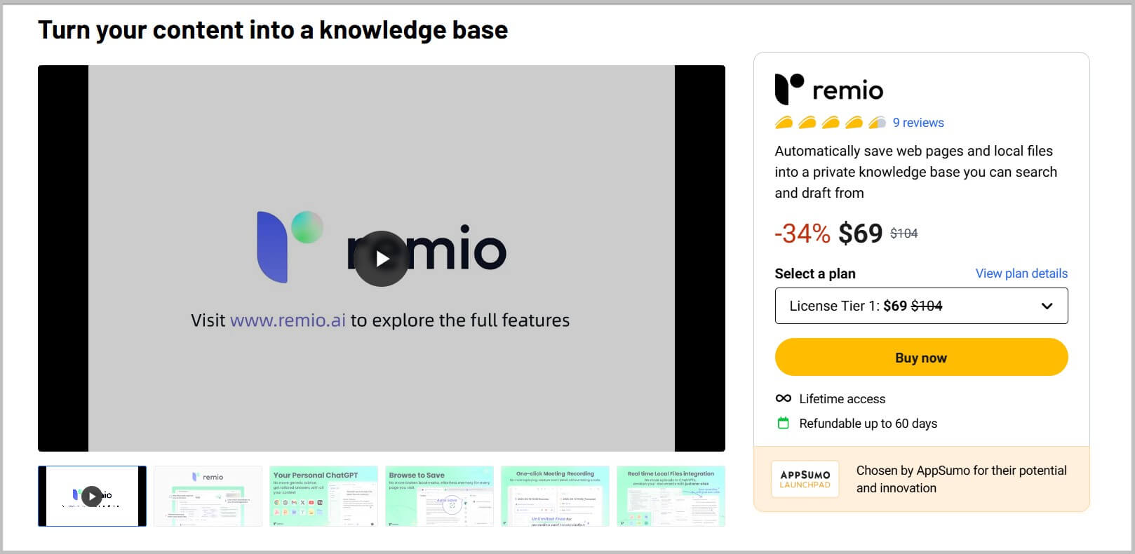 Remio lifetime landing page on Appsumo