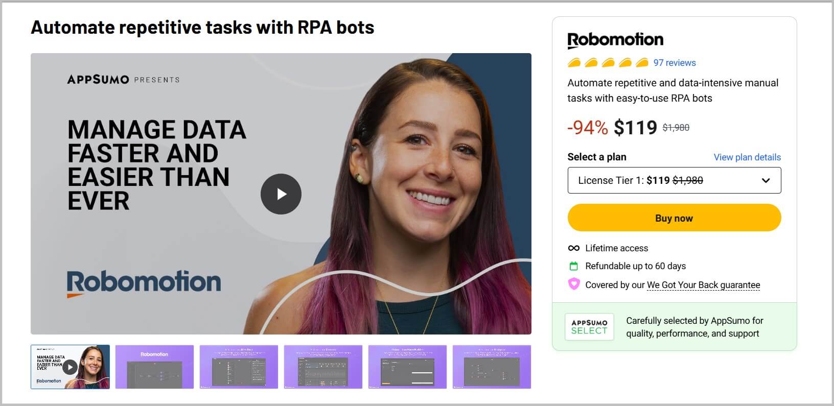 Robomotion lifetime landing page on Appsumo