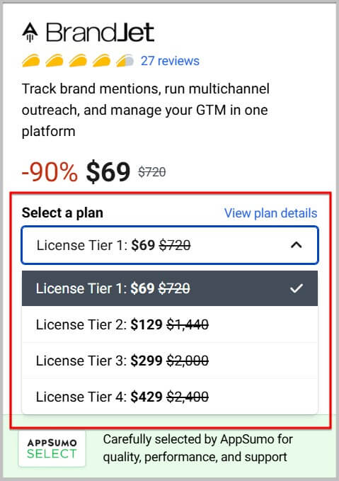 Select a BrandJet lifetime plan to buy from Appsumo