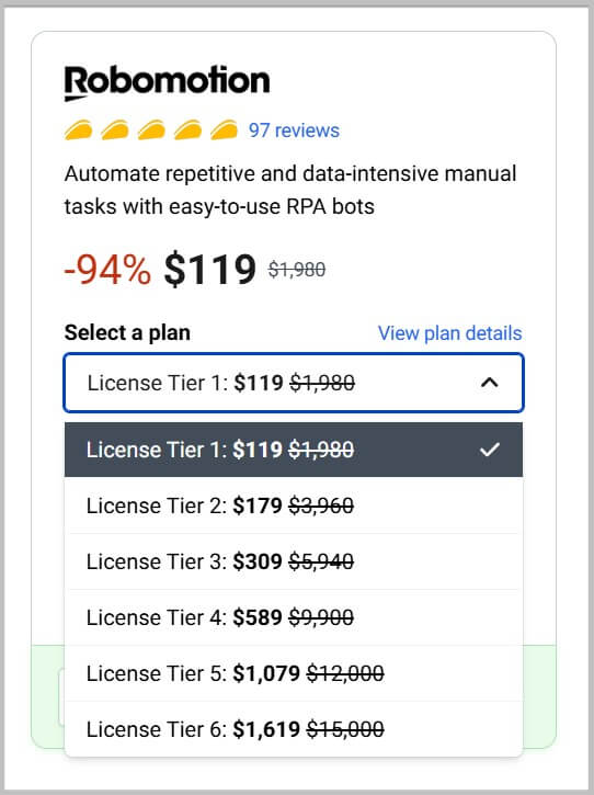 Select a Robomotion RPA lifetime plan