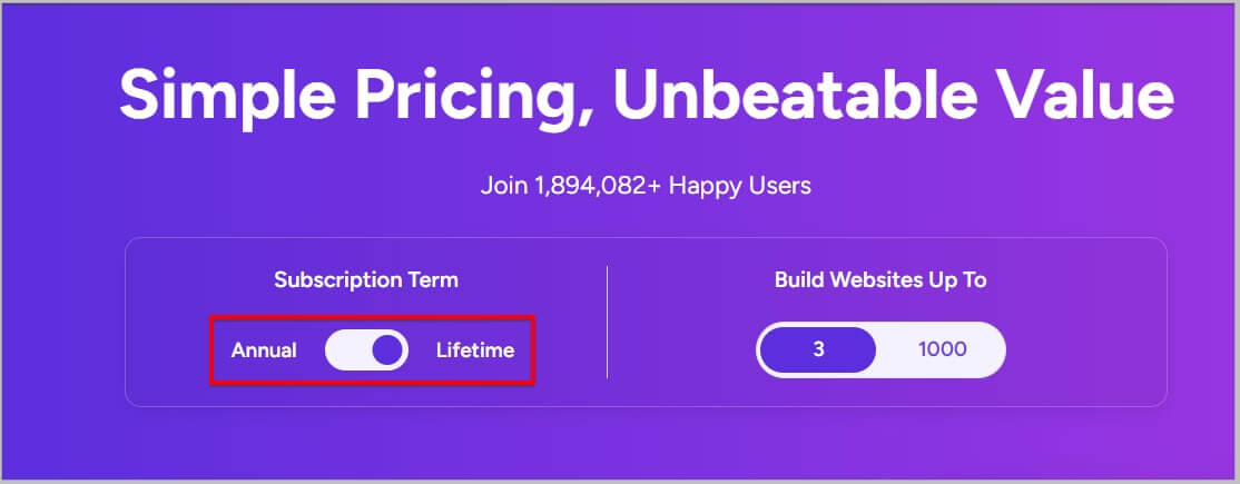 Select lifetime subscription term on Astra pricing page