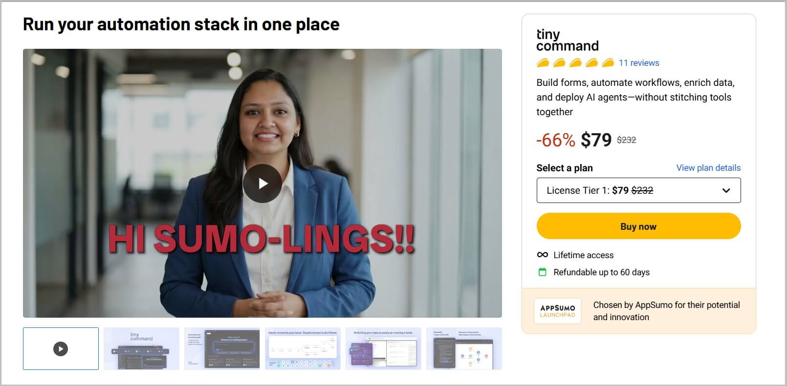 TinyCommand lifetime landing page on Appsumo