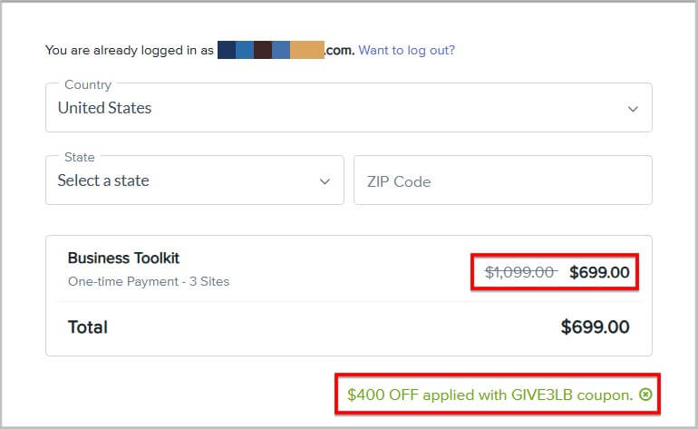 WP Astra lifetime coupon code applied