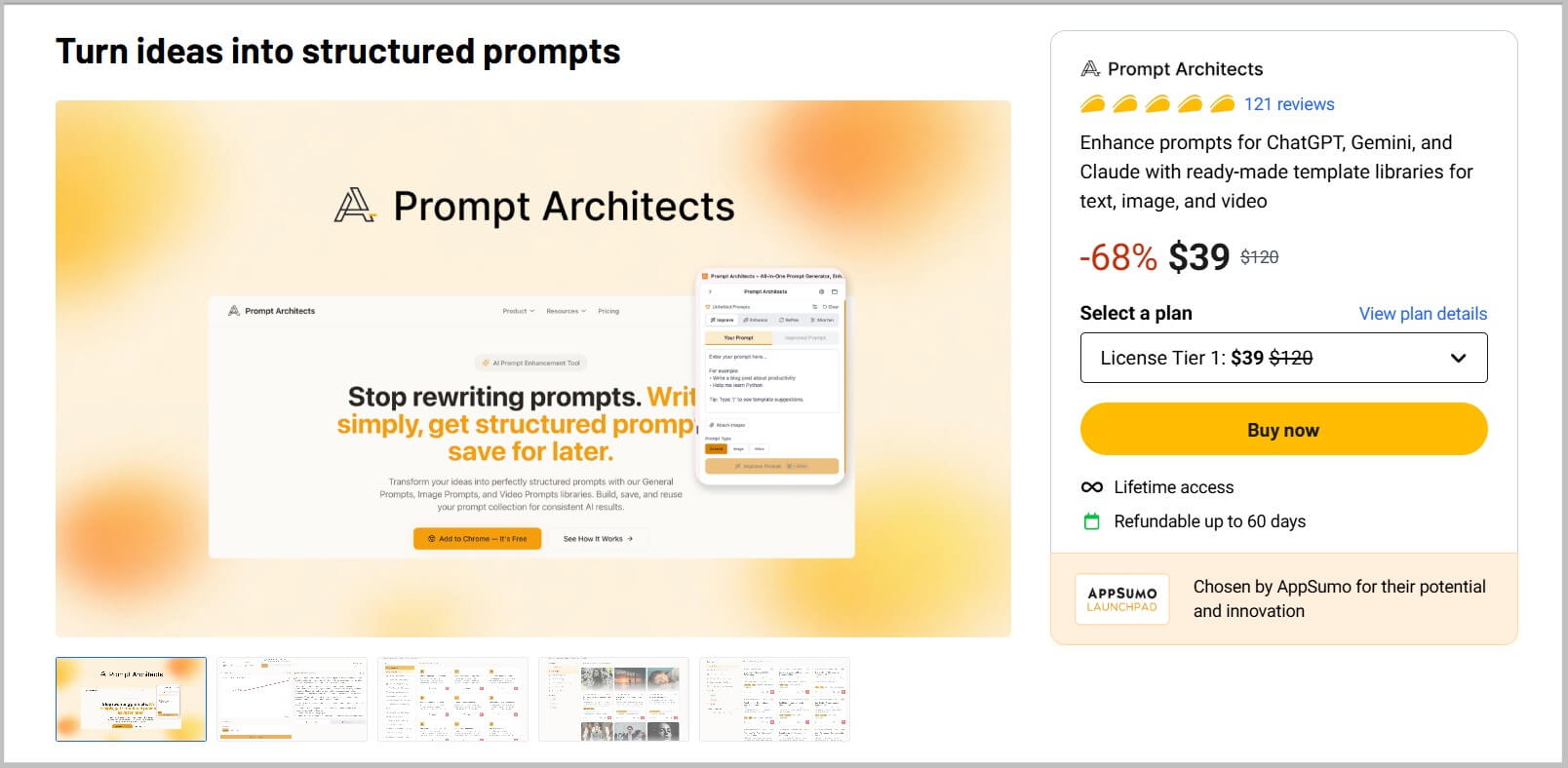 Prompt Architects LTD landing page on Appsumo