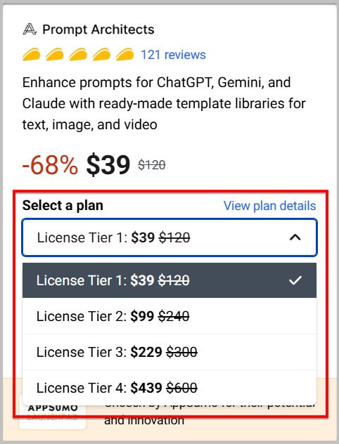 Select a Prompt Architects lifetime plan