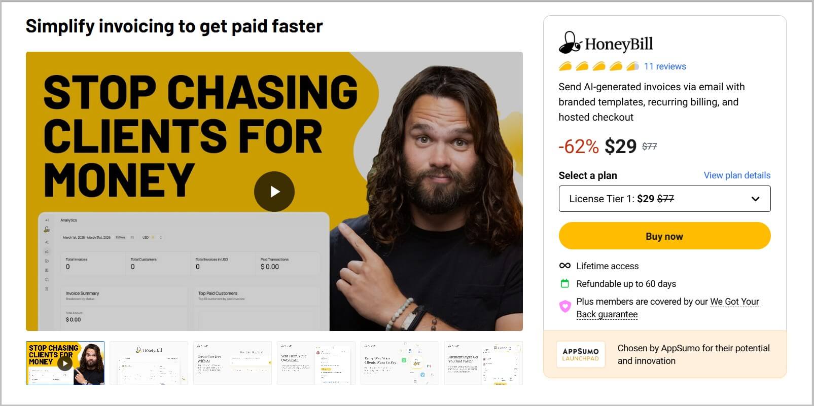 HoneyBill Lifetime Deal 2026- 62% Discount 3 HoneyBill lifetime landing page on Appsumo