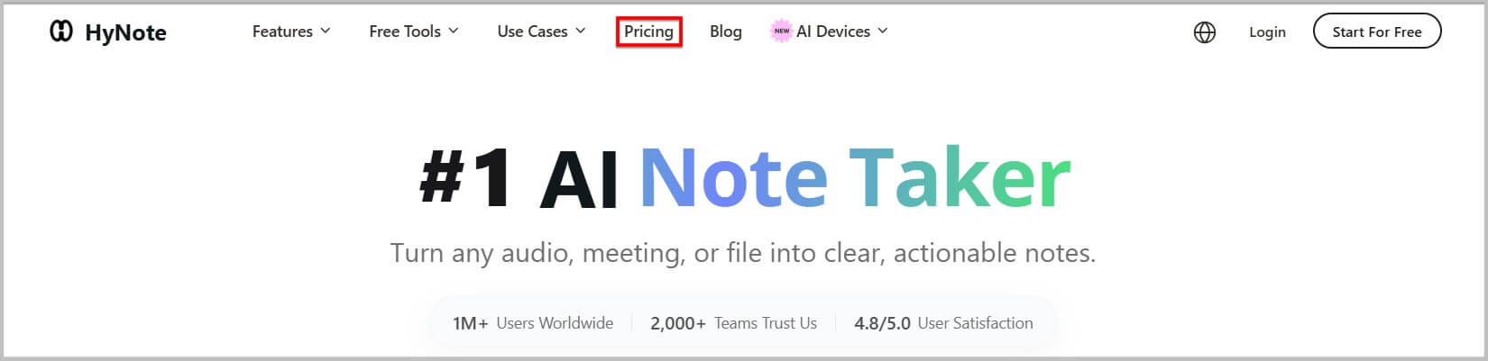HyNote AI homepage