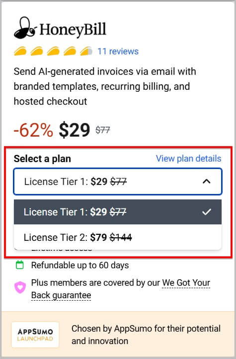 HoneyBill Lifetime Deal 2026- 62% Discount 4 Select a HoneyBill lifetime plan