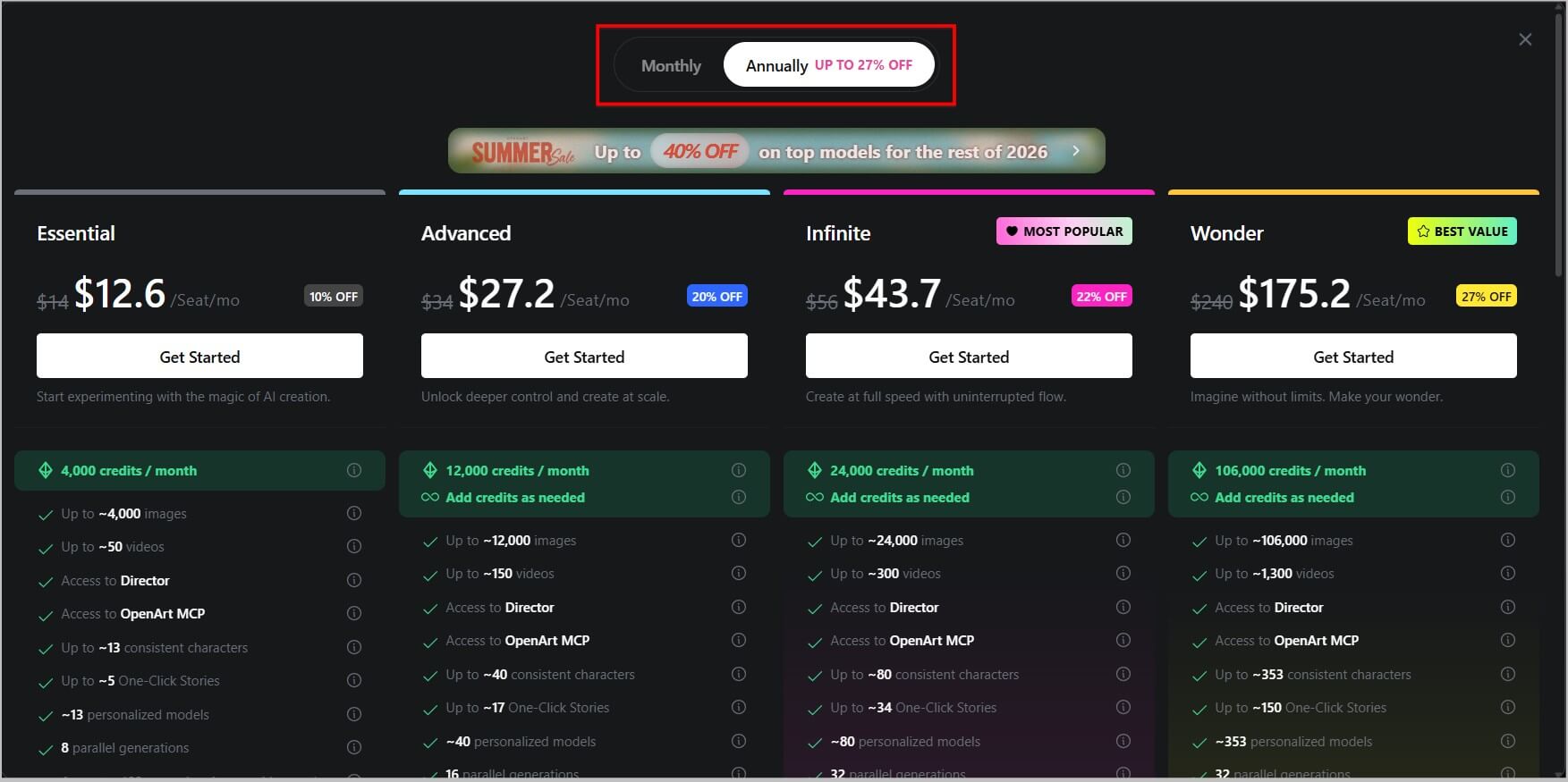 Select an OpenArt AI plan