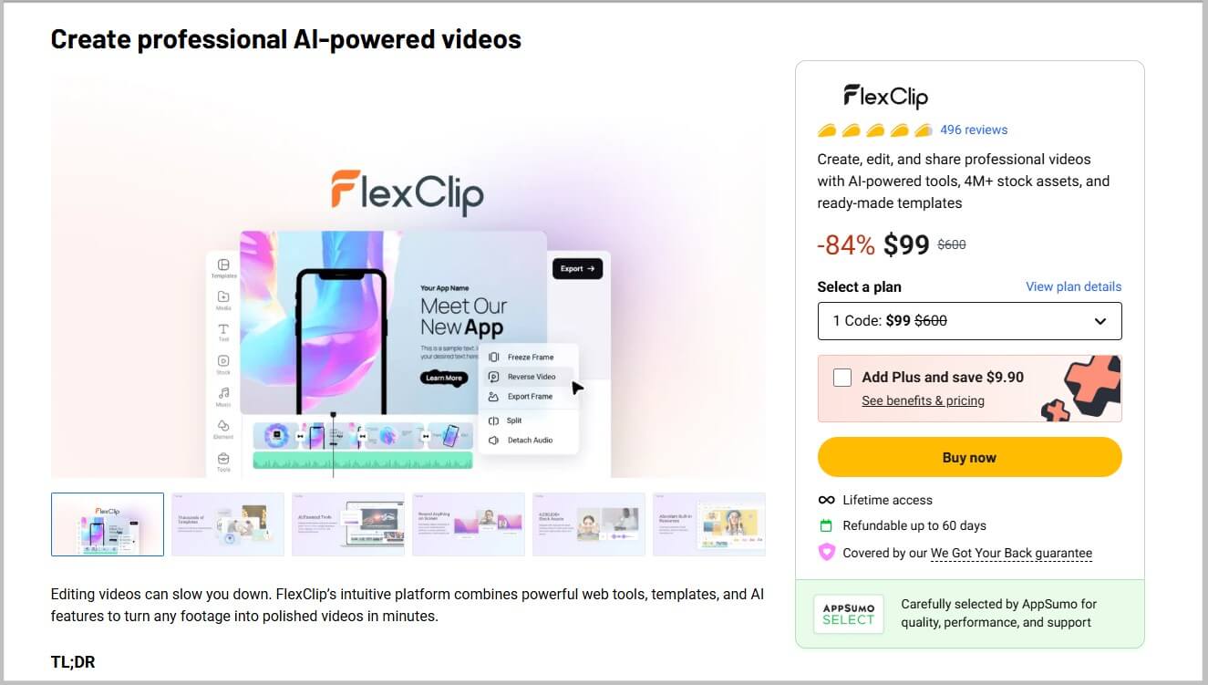 FlexClip Lifetime Deal 2026- 84% Discount 3 FlexClip LTD landing page on Appsumo