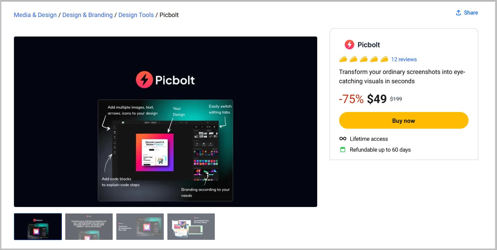 Picbolt lifetime landing page on Appsumo