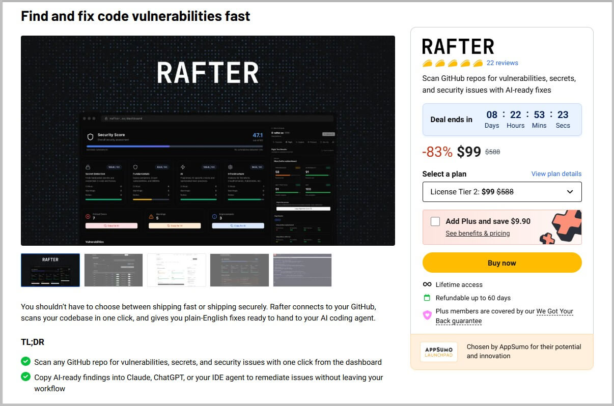Rafter lifetime landing page on Appsumo