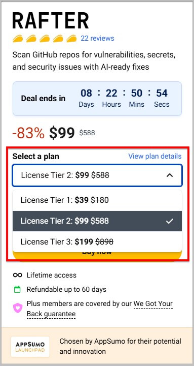 Select a Rafter lifetime plan from Appsumo