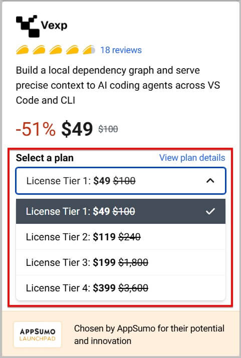 Select a Vexp lifetime plan to buy on discount