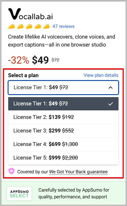 Vocallab AI Lifetime Deal 2026- 55% Discount 4 Select a Vocallab AI lifetime plan