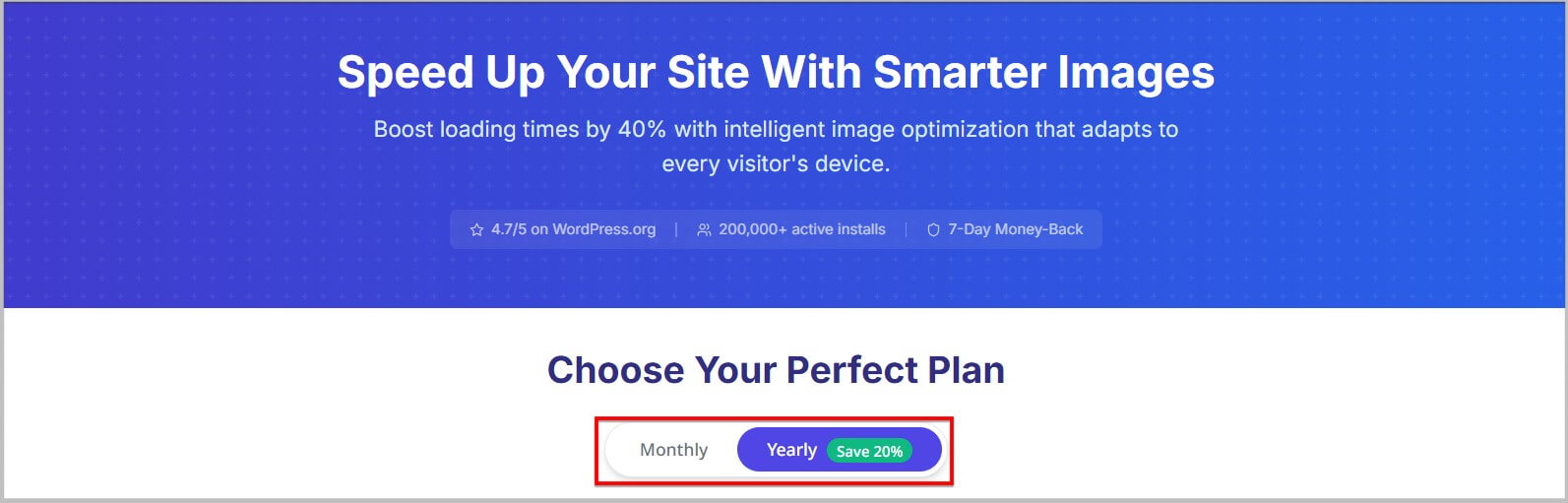 Select yearly option on Optimole pricing page