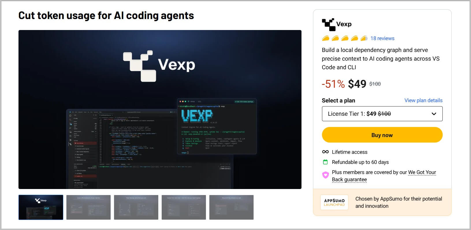 Vexp lifetime landing page on Appsumo