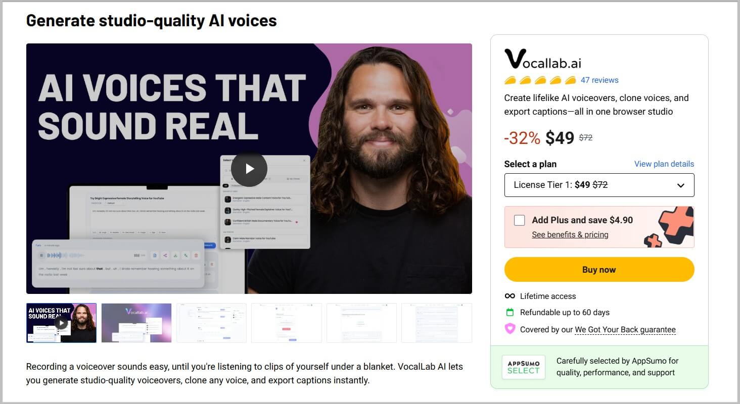 Vocallab AI Lifetime Deal 2026- 55% Discount 3 Vocallab AI lifetime landing page on Appsumo