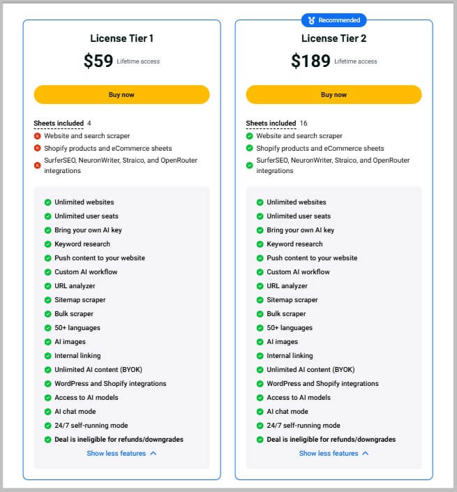 AahSheet lifetime pricing and plans