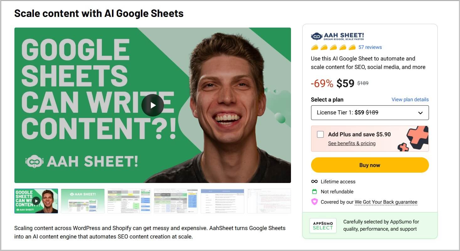 AahSheet lifetime deal landing page on Appsumo