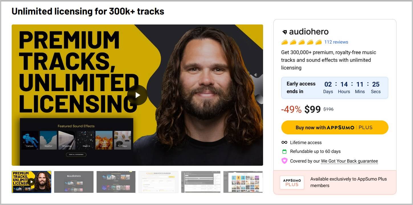 AudioHero lifetime deal landing page on Appsumo