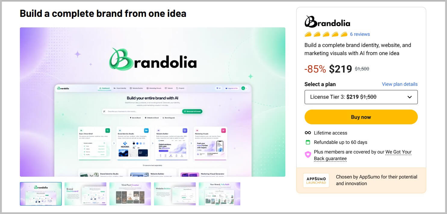Brandolia lifetime deal landing page on Appsumo