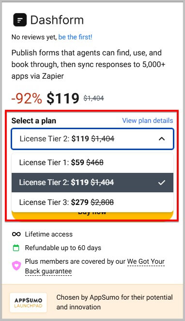 Choose a DashForm lifetime plan to buy from Appsumo